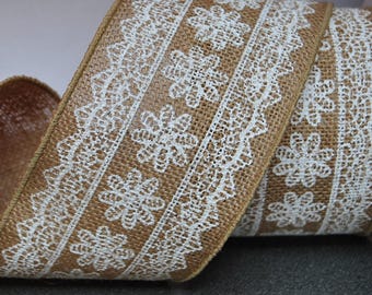 4&quot; Lace Print Wire Edge   Burlap Ribbon , Hessian, Jute Wide Trim, Christmas, Wedding, Vintage 100mm, By the Metre