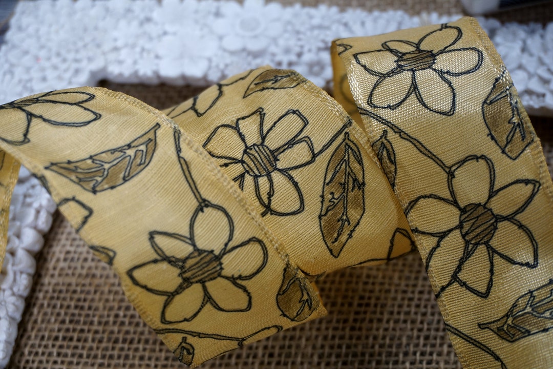 Floral Fall Ribbon Autumn Flower Pale Gold Wired Wire Edged Ribbon 3m X 38mm (1.5