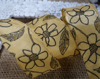 Autumn Flower Pale Gold  Wired Wire Edged Ribbon 3m x 38mm  (1.5")  wide  Autumn Fall Gifts Wreath Harvest   craft uk ribbon, trim