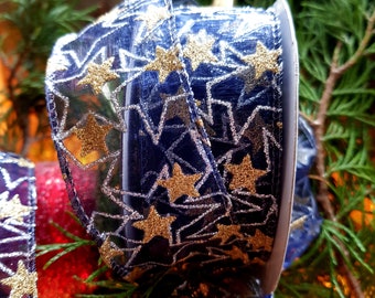 RIBBON QUEEN 1.5 » Fil filaire vintage Noël Glitter Stars Midnight Blue avec or et argent Vendu en multiples de 3m Cake Tree Gift