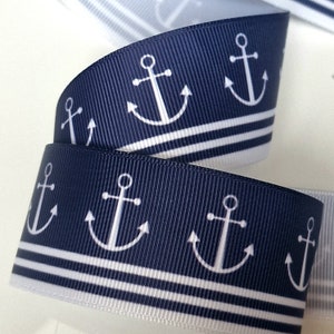Grosgrain Nautical Anchor Ribbon, White Navy Blue  Naval, Birthday, Floristry  Cake  || 3 Metres of Ribbon - 3/4&quot; (22mm) - 1.5&quot;(38mm)
