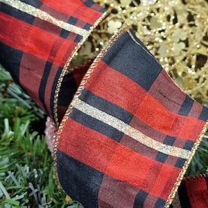 Bordure métallique en taffetas imitation soie, ruban écossais à carreaux écossais, rouge, noir, or bordeaux 2,5 po. Noël, guirlande artisanale, gâteaux, garniture Royaume-Uni,