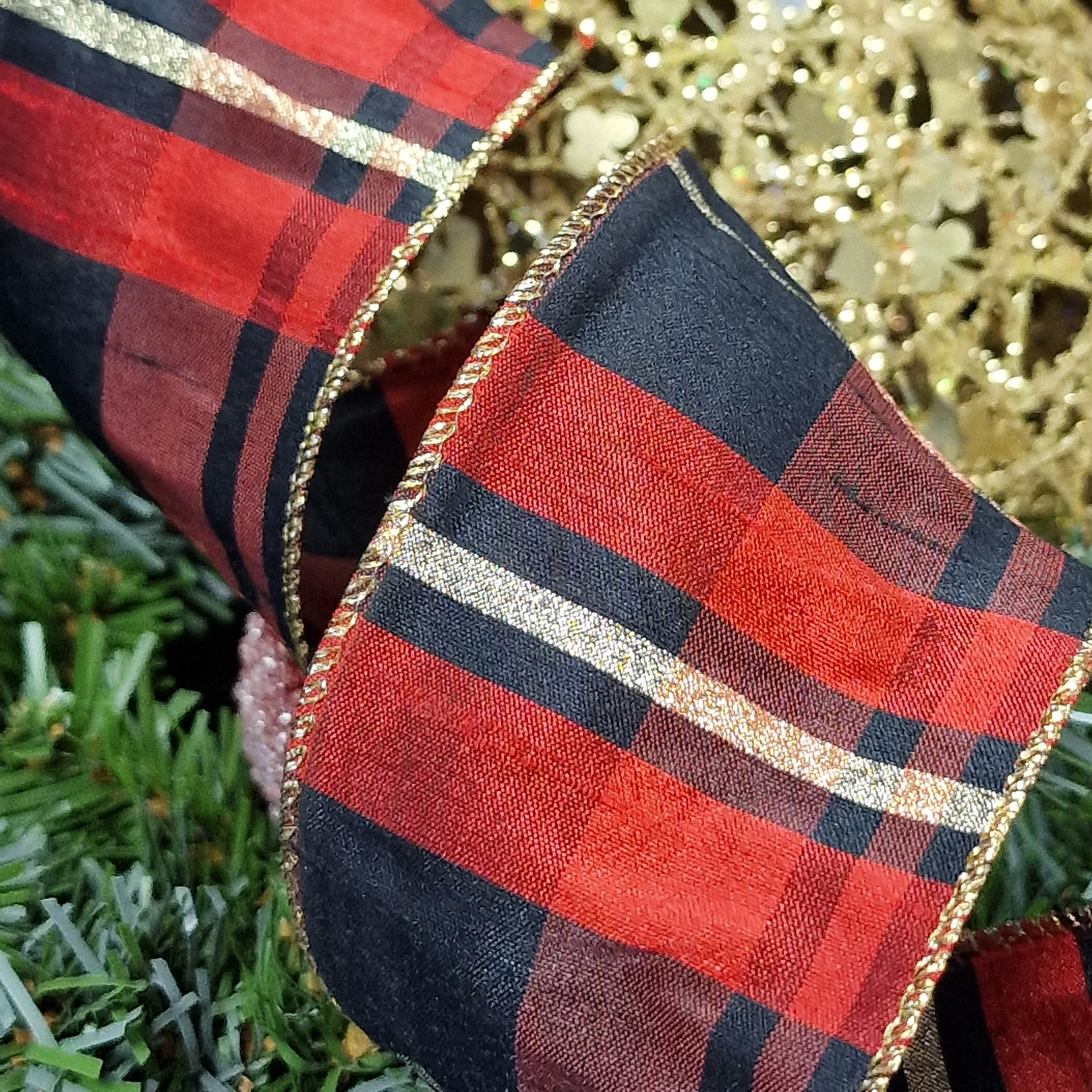 Acottish Ribbon Faux Silk Taffeta Wired Wire Edge Tartan Plaid Scottish Ribbon, Red ...