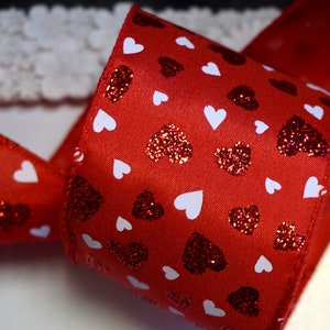 Fita de cetim com borda de fio com fio de casamento vermelho glitter corações dia dos namorados, 2,5 "de largura, acabamento artesanal, fita de bolo de costura, Natal, dia dos namorados