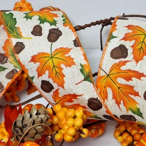 2.5&quot;  Acorn, Oak and Maple Wire Wired Edge  Ribbon Harvest Autumn Fall Thanksgiving  cake, Wreath Trim, Bow UK