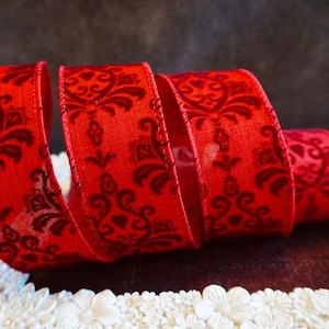 Robijnrood en bordeauxrood fluwelen damast 1,5" x 3 m draadrand en bedraad lint kersttaart boomversieringen feeststrikken vintage