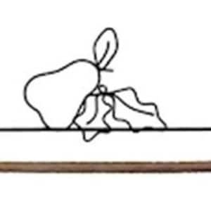 May include: A black metal shelf with a wooden base, featuring a decorative pear and leaf design.