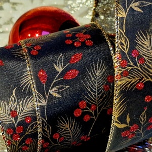 Satin noir avec bordure en fil métallique rouge pailleté 2,5 pouces Artisanat de Noël, ruban britannique, garniture, arbre, couronne