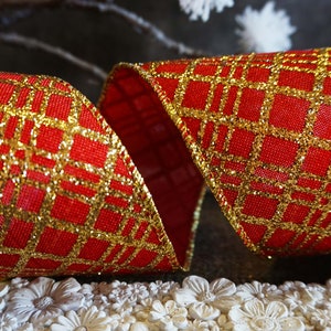 Red Burlap Linen with Gold Glitter Criss Cross  2.5" Wide Wire Edged Ribbon Christmas Birthday Parties  Tinsel Bows  UK seller