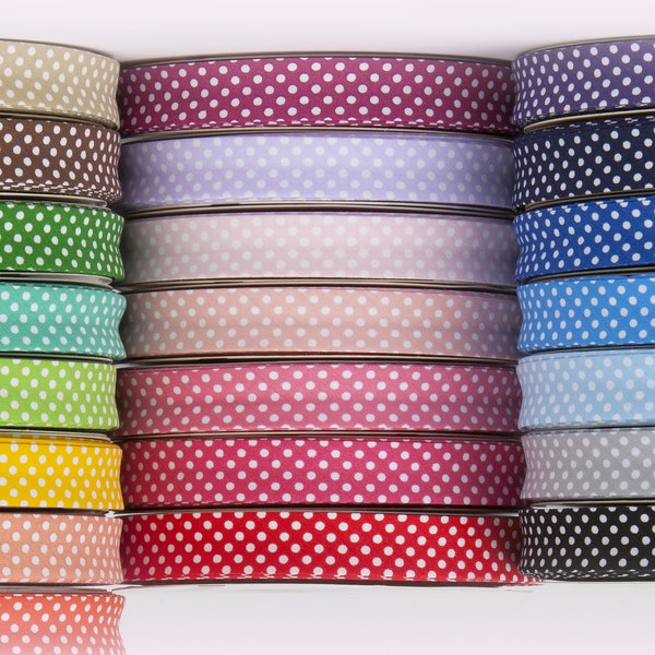 Haute qualité Spotty Dotty Polka Dot Double Fold Bias Binding Tape 18mm 3/4 « craft trim couture Quilting 16 coloris UK seller