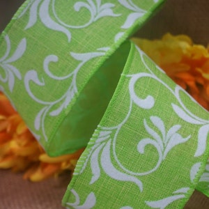 Fita de borda com fio de 2,5&quot; verde zingy com veludo branco pergaminhos florais primavera árvores de páscoa guirlandas, presentes, bolos, artesanato