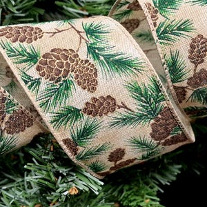 Pinecone and Fir  Christmas Ribbon, 2.5&quot; Wide Wire Edged  Wired Ribbon Vintage look. Cakes Celebration Wreath Burlap. UK seller