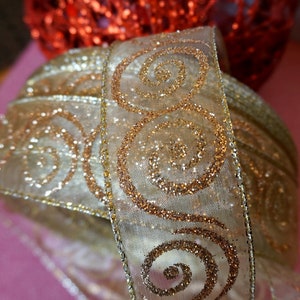 Gold Glitter Scrolls Wire Edged Wired edge Organza Ribbon, 3m x 1,5" Kerstmis, Geschenken Kransen, ambachtelijke Uk lint, trim,