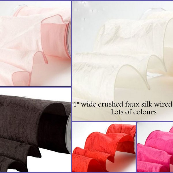 4" Wired Edge Faux Crush Silk Taffeta  Ribbon Pink, Ivory, White, Black, Red, Wedding, Christmas, Trees, Wreaths, Gifts, Cakes, Crafts