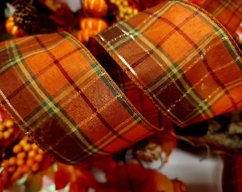 2.5" Wide  Brown Copper and Burnt Orange Autumn Check  Wire Wired Edge Ribbon Autumn Fall Thanksgiving Trim, Bow  Wreath UK