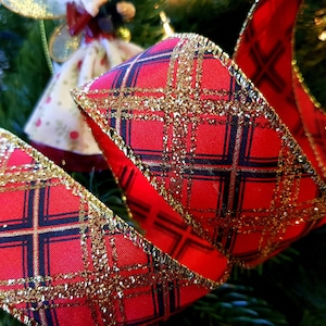 Red Black and Gold  Check Plaid Tartan 1.5&quot; Wide Wire Edged Glitter  Ribbon Christmas Birthday Parties  Tinsel Bows