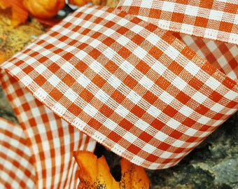 2.5" Wide Burnt Orange Gingham Wire Wired Edge Ribbon Harvest Autumn Fall Thanksgiving Trim, Bow  Wreath UK