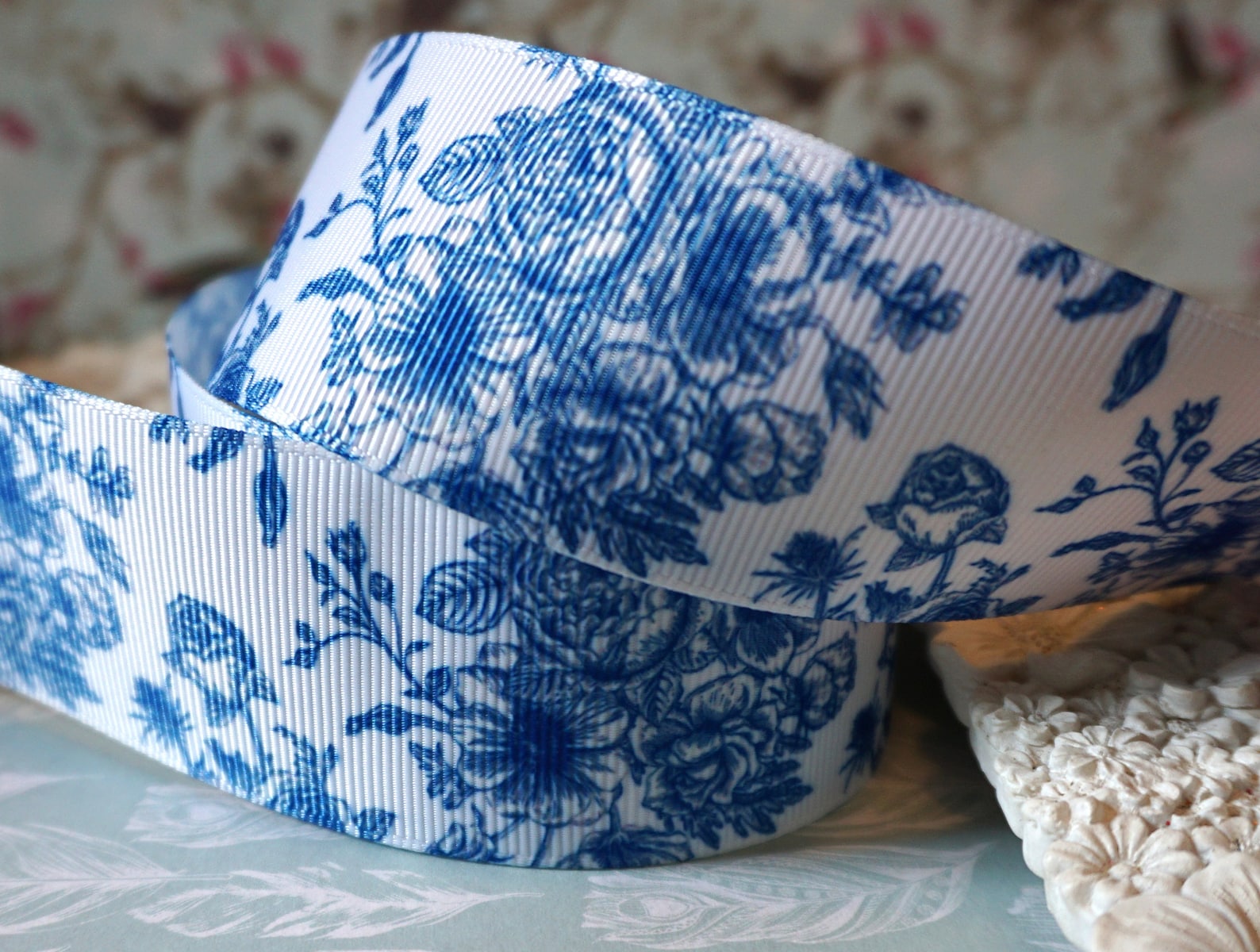French Blue Toile De Joie Jouy Grosgrain Floral 1.5 Wide Etsy UK