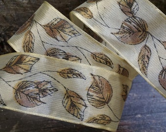 Ivory Brown Leaf  Wired Wire Edged Ribbon 3m x 38mm  (1.5")  wide  Autumn Fall Gifts Wreath Harvest   craft uk ribbon, trim