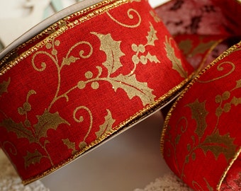 Rotes Sackleinen Leinen mit Vintage Gold Holly 2.5 "Breit Draht Eingerahmt Band Weihnachten Geburtstag Partys Tinsel Bögen UK Verkäufer