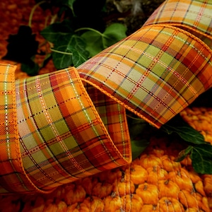 2.5&quot; Wide Green Aspen Copper  Tartan Plaid Ribbon Wire Wired Edge Ribbon Orange Pumpkin, Thanksgiving cake, UK  French Ribbon Harvest Fall