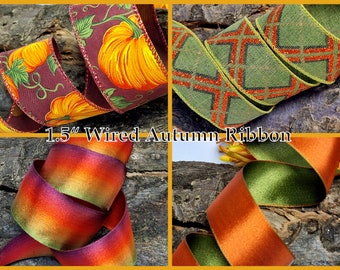 1.5" Wired Edge Ribbon | Harvest | Fall | Thanksgiving |  Autumn | Wreath | Orange | Gold | Harvest | Pumpkin | Maple | Leaf | Leaves |Craft