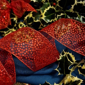 Rode organza met glitterstippen 2,5" brede draad randen lint glitter kerst verjaardagsfeestjes klatergoud strikken kransen Britse verkoper