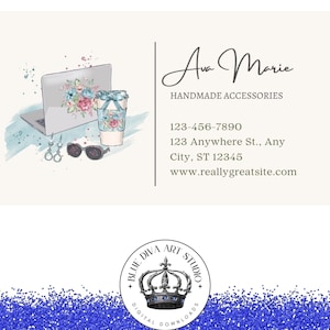 Könnte beinhalten: Eine Visitenkarte mit einer Aquarell-Illustration eines Laptops, einer Kaffeetasse und einer Sonnenbrille. Der Text auf der Karte lautet "Ave Marie Handgefertigte Accessoires 123-456-7890 123 Anywhere St., Any City, ST 12345 www.reallygreatsite.com" und ein Logo, das "Blue Diva Art Studio Digitale Downloads" sagt.