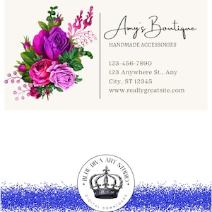 Puede incluir: Diseño de tarjeta de visita para "Amy's Boutique" con un arreglo floral de rosas moradas y rosas. La tarjeta incluye información de contacto y el texto "HANDMADE ACCESSORIES". La parte inferior de la tarjeta tiene un diseño de purpurina azul y un logotipo.