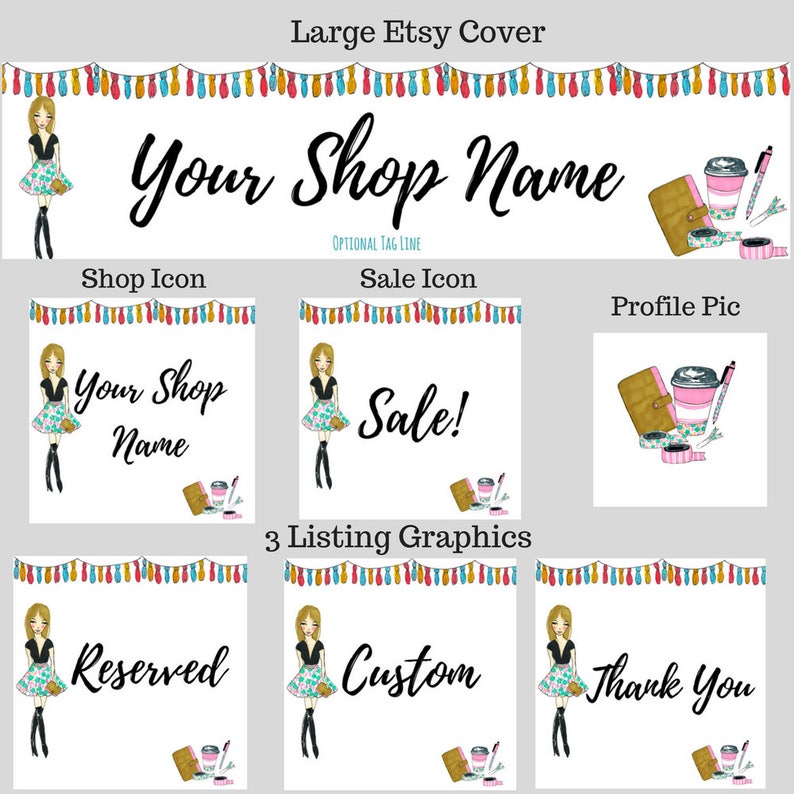 Custom Shop Set Planner Girl Etsy Cover Set Illustrated Banner Fashion Girl Boutique Cover Planner Cover Etsy Shop Set