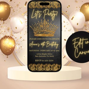 Elegante zwarte en gouden digitale mobiele uitnodiging-Gold Royal Crown-thema-aanpassen met je eigen tekst-Verjaardagsfeestje e-tekstsjabloon