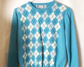 Desen Women&#39;s Sweater Size S/M Petite Blue Argyle Wool Vintage