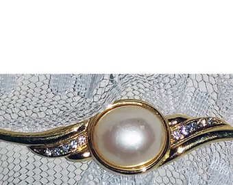 Vintage Monet Faux Pearl Brooch Pin 2 7/8" Long - Gold Tone w/Rhinestone Accents