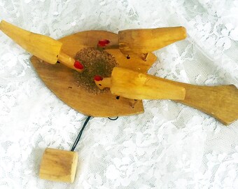 Vintage Handmade Wooden Toy Chickens Eating - Pull String & Chickens Peck at Food!