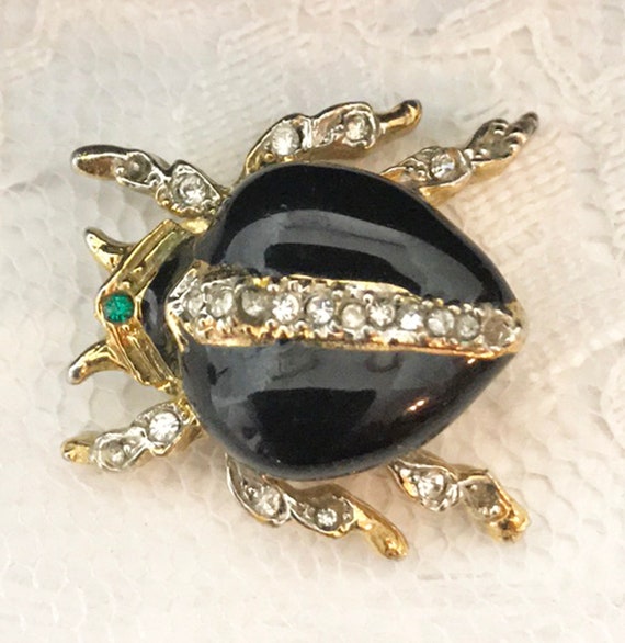 Gemcraft Scarab Brooch Pin Black Enamel Vintage 1"