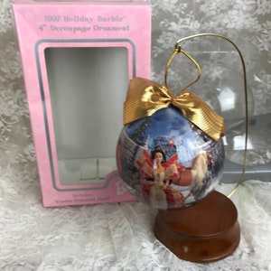 1997 Hallmark Holiday Barbie 4&quot; Decoupage Ornament with Wooden Ornament Stand