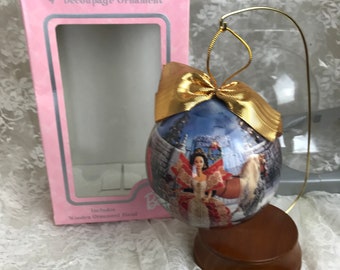 1997 Hallmark Holiday Barbie 4&quot; Decoupage Ornament with Wooden Ornament Stand