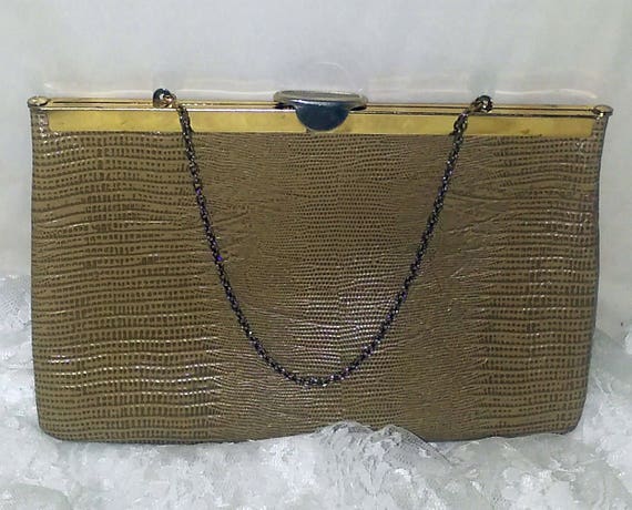 Tan Reptile LEATHER Vintage *ETRA* Framed Flat CLUTCH Purse w/Chain Handle