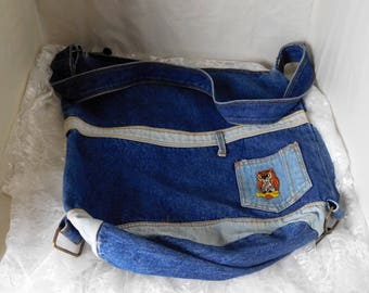 Bijoux International Denim Cross Body Messenger Bag - Vintage 1980 - 15" x 14" x 5" with hook on bottom to convert to slouch bag