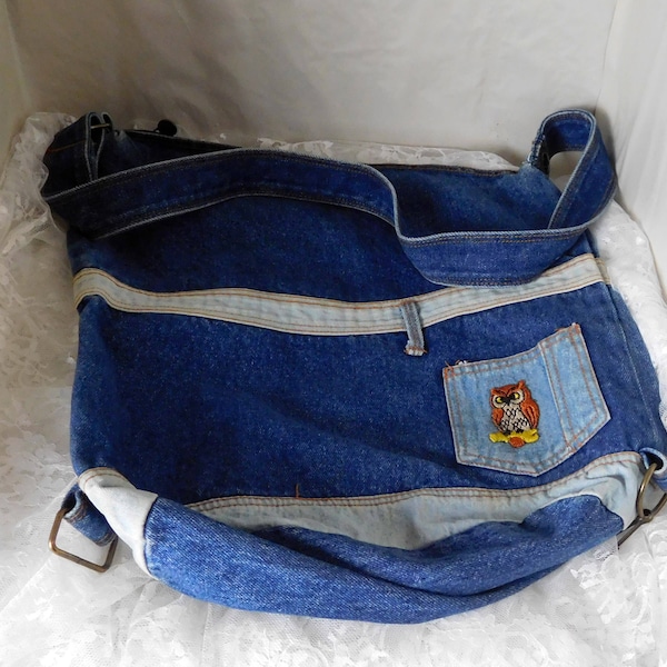 Bijoux International Denim Cross Body Messenger Bag - Vintage 1980 - 15" x 14" x 5" with hook on bottom to convert to slouch bag