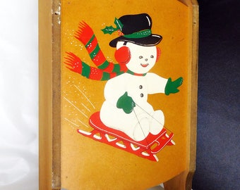 Vintage 1960's Snowman Sled Sleigh Toboggan/Hanging Shelf Holiday Decoration