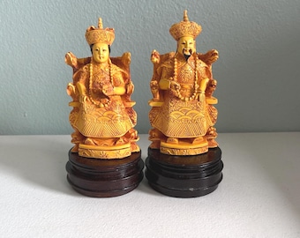 Vintage Chinese Emperor and Empress Seated on Ornate Dragon Thrones Figurines
