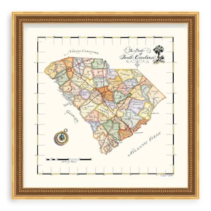 Mappa della Carolina del Sud, Mappa dello stato SC, Mappa costiera di Charleston, Mappa storica collezionabile disegnata a mano Dono della Carolina del Sud, Mappa incorniciata
