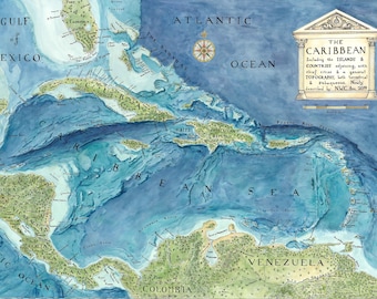 Map of Caribbean Islands, Caribbean Map, Caribbean Map Gift, Coastal Housewarming Gift, Map Print, Map Art