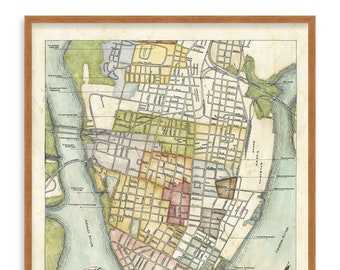 Charleston SC Mapa, Downtown Charleston South Carolina Mapa, Mapa dibujado que ilustra los distritos de Charleston, SC, Mapa regalo de Charleston