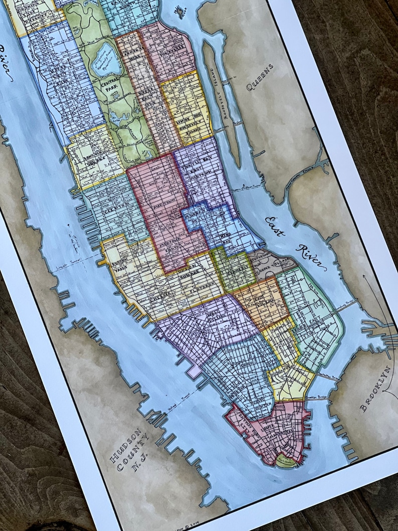Manhattan Map Map Art Print of Manhattan Island Etsy