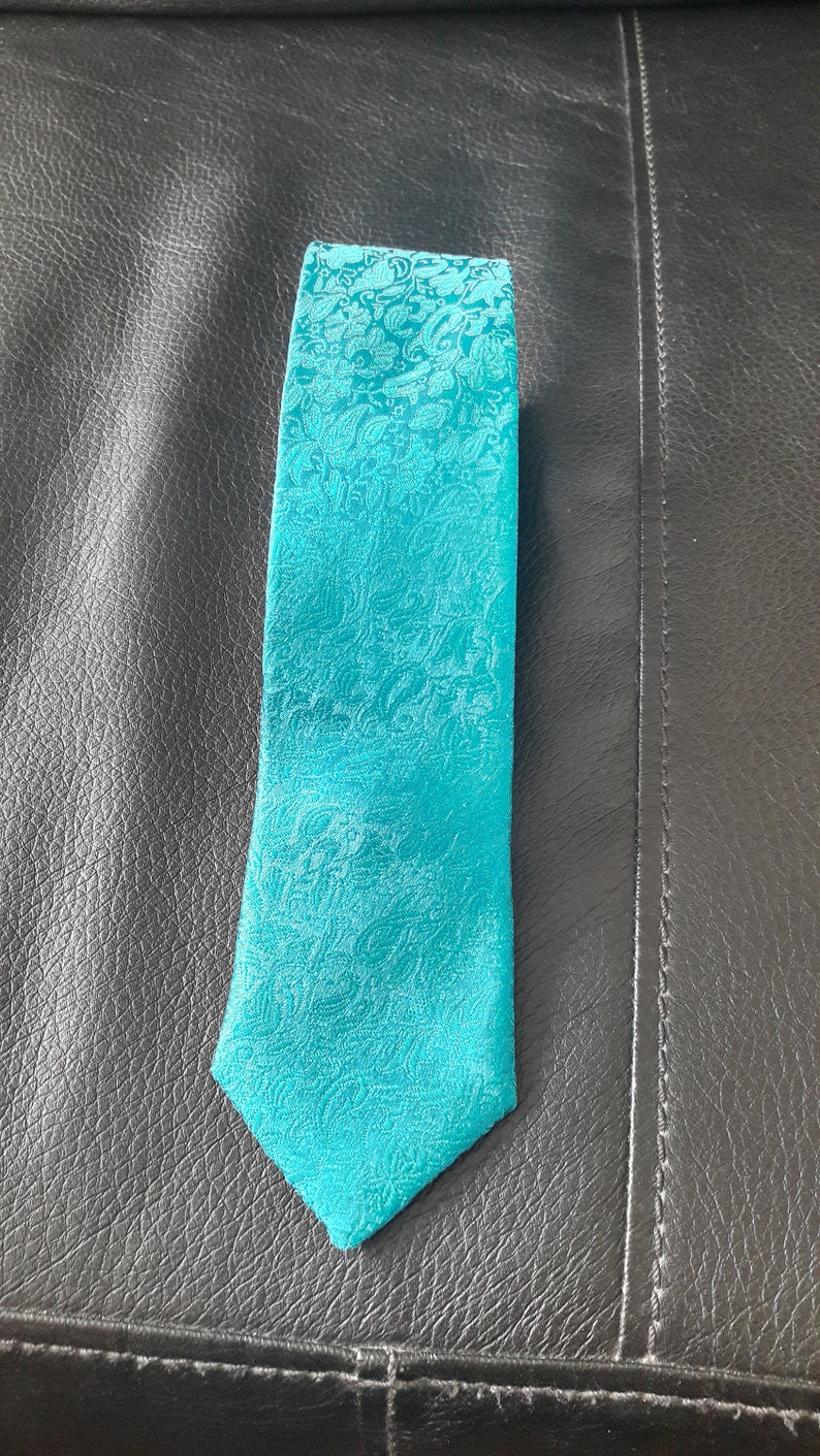 May include: A teal blue patterned tie with a paisley design.