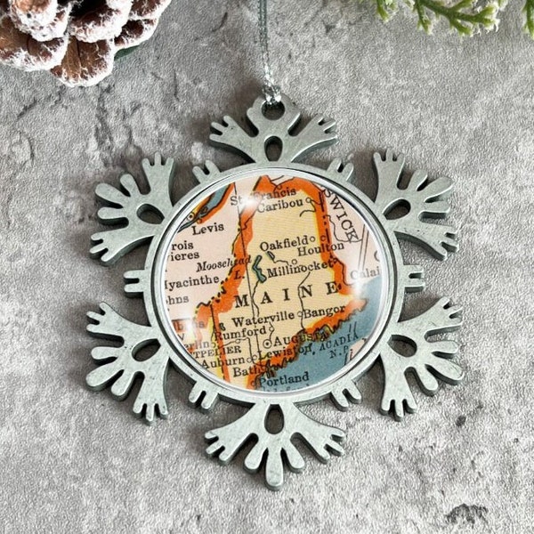 Vintage Maine Christmas Ornament, Snowflake Ornament, Maine Gift, Maine Wedding Gift