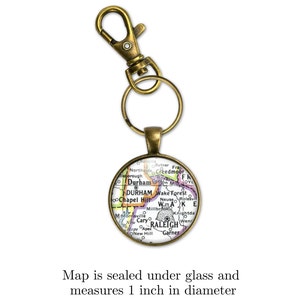 Raleigh, Durham, Chapel Hill NC Vintage Map Keychain, Apex, Cary North Carolina Map Keychain