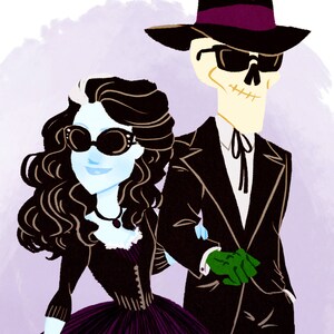 Puede incluir: Una ilustración en blanco y negro de un esqueleto con un traje negro y un fedora con una banda morada, sosteniendo la mano de una mujer que lleva un vestido morado y gafas de sol. La mujer tiene el pelo oscuro y la piel azul. La ilustración está sobre un fondo morado con la letra "I" en un cuadro blanco en la esquina superior izquierda.